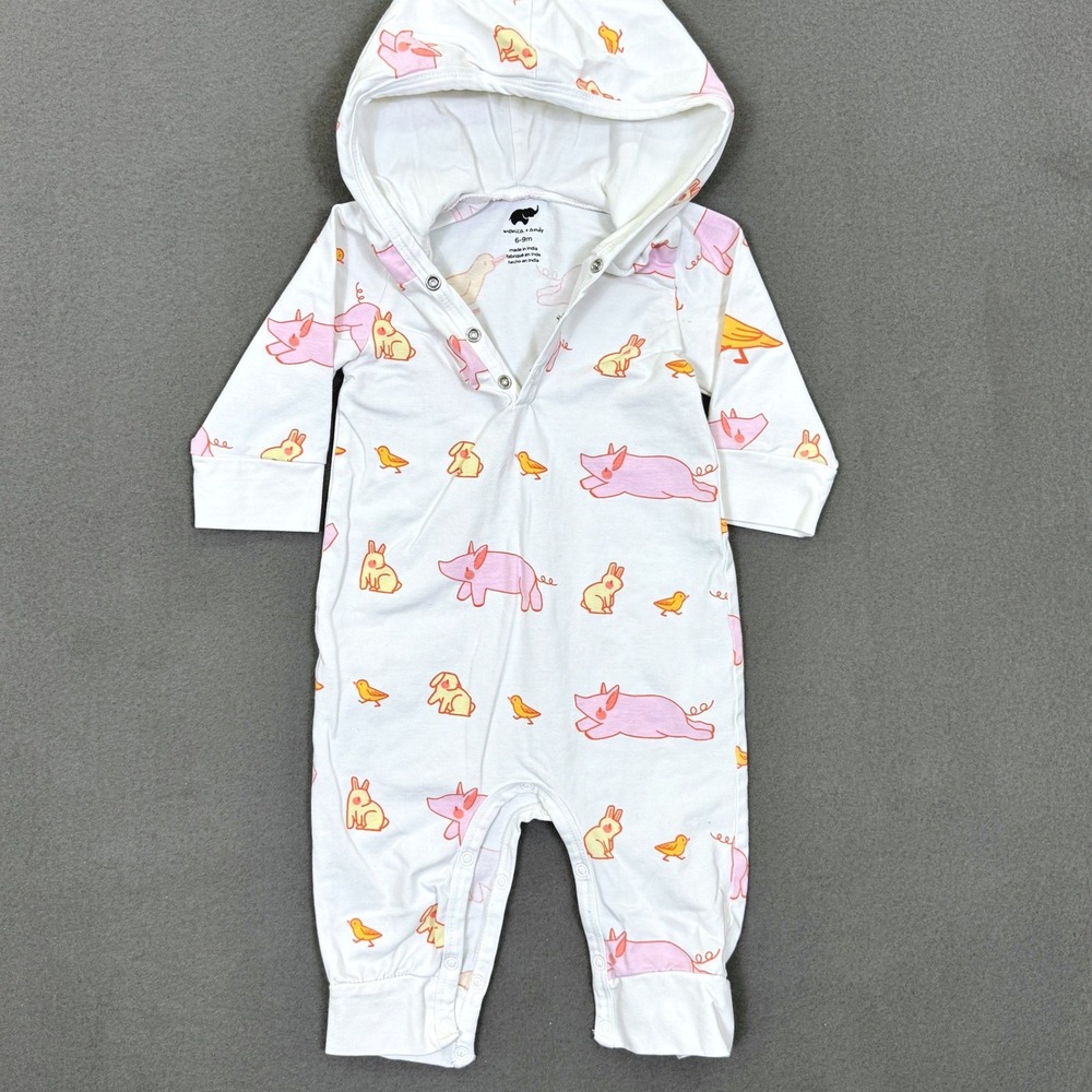 Monica + Andy Hooded Romper Youth 6-9M White Farm Animal Print Organic Cotton